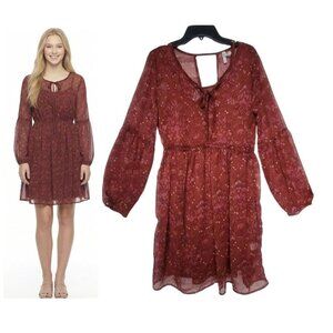 ⭐Floral Burgundy Chiffon Mini Dress M V-Neck Long Sleeve Fit & Flare Silky Feel⭐